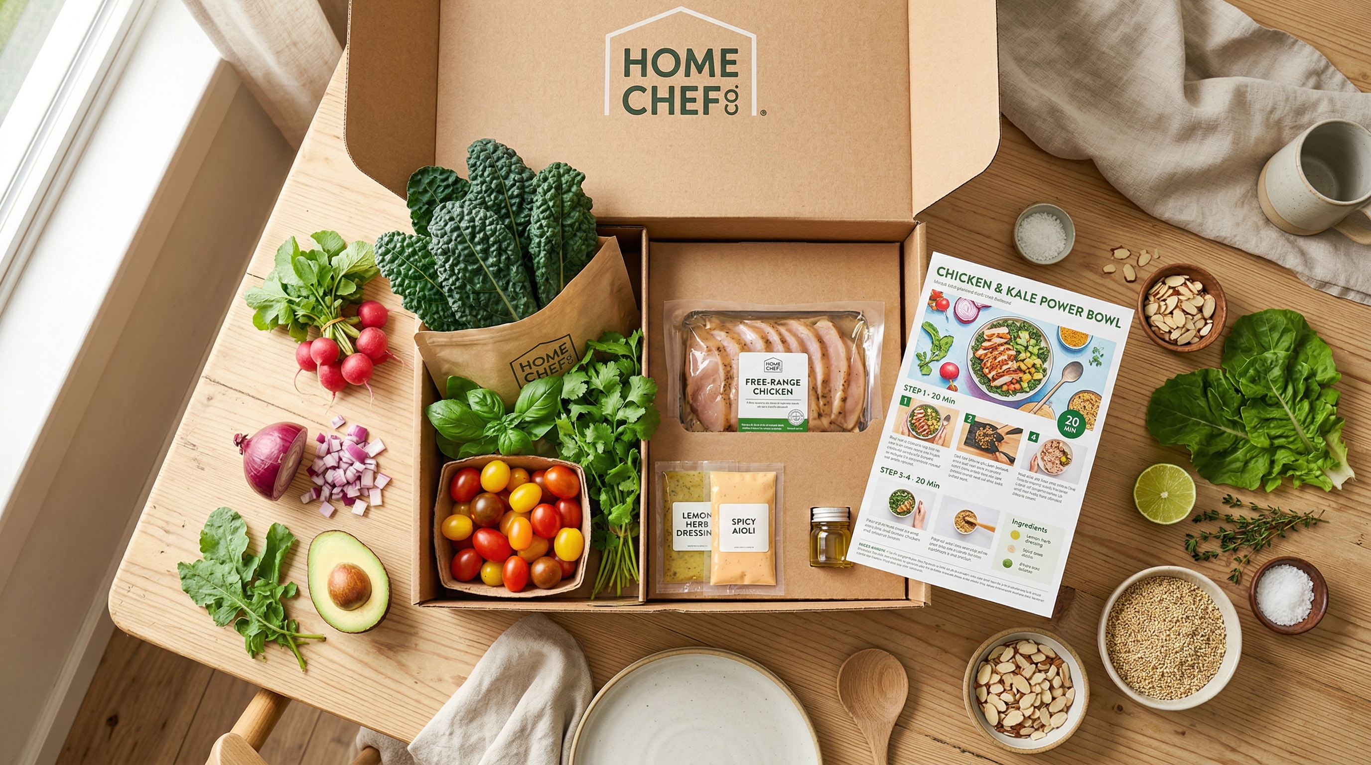 Overhead view of an open meal kit box with fresh ingredients arranged on a light wooden table